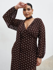 Petula Scarf Mesh Maxi Dress Curve - Brown and Cream Polkadot