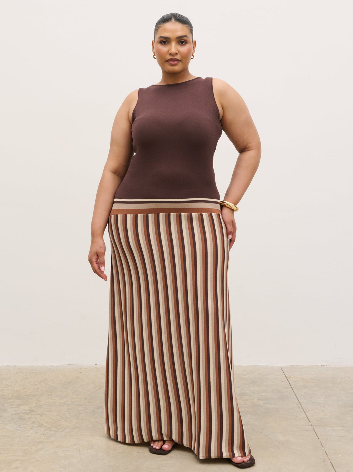 Phoebe Slash Neck Stripe Knit Maxi Dress Curve - Brown