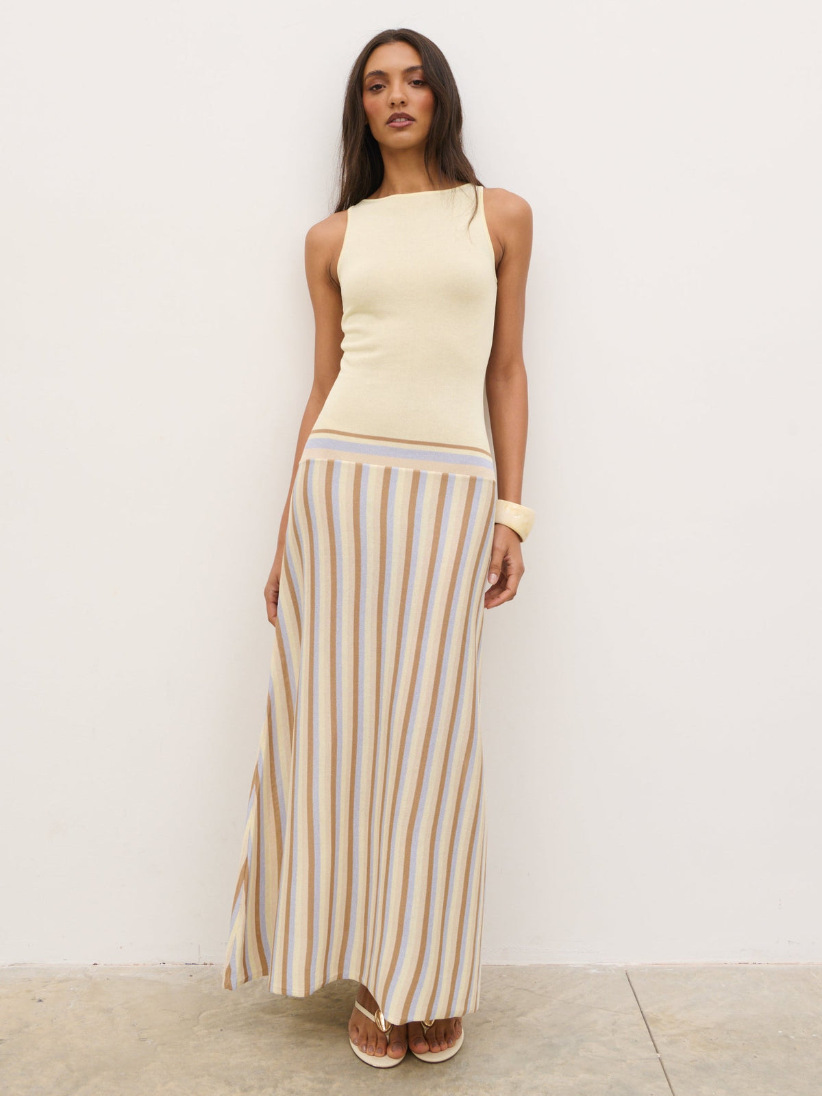 Phoebe Slash Neck Stripe Knit Maxi Dress - Lemon