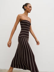 Pixie Bandeau Stripe Knit Long Midaxi Dress - Brown