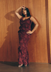 Helena Ruffle Jacquard Maxi Dress - Mahogony