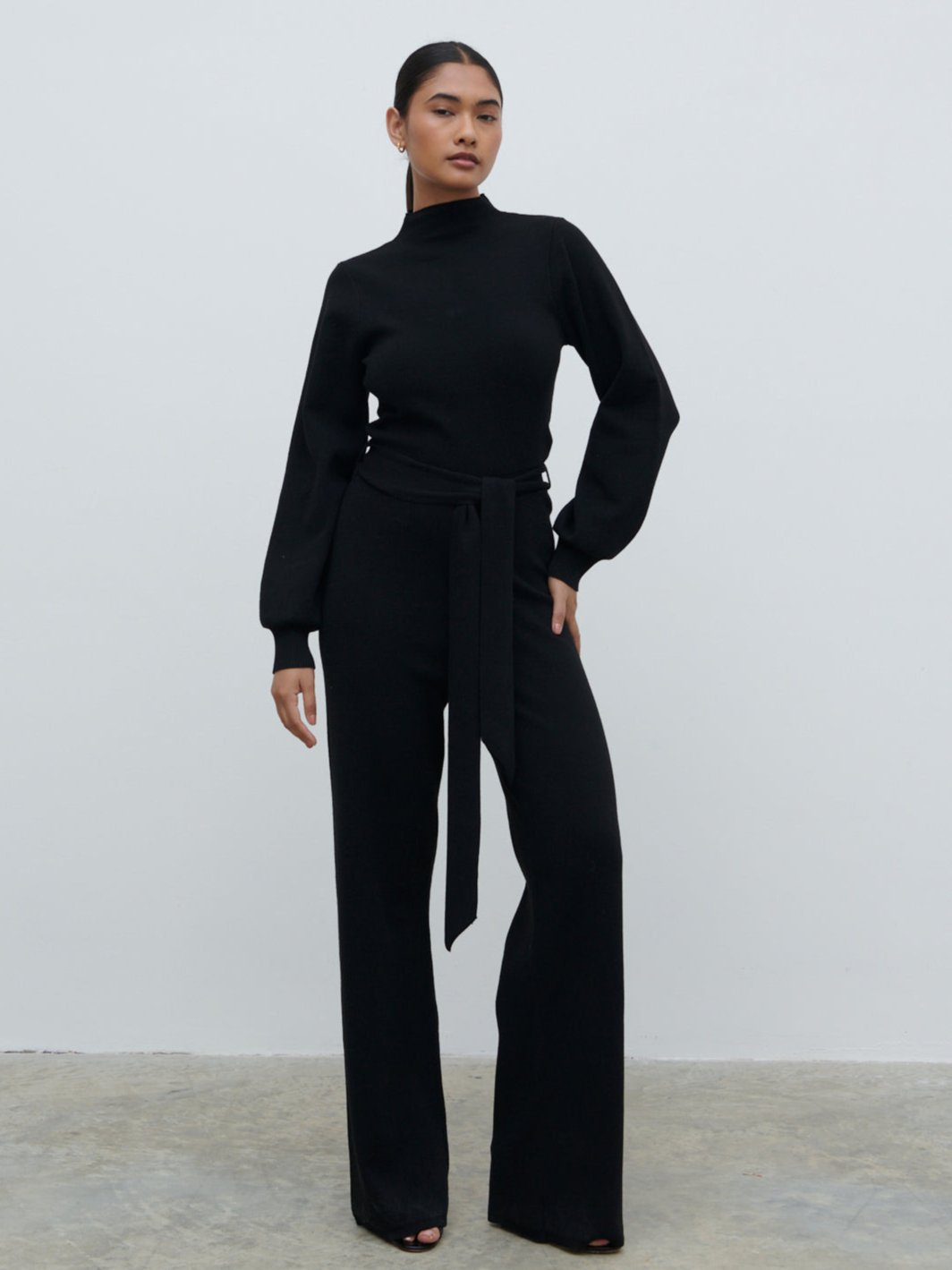 Reign Tie Waist Knit Jumpsuit - Black