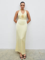 Reya Satin Corsage Maxi Dress - Lemon