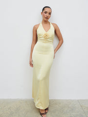 Reya Satin Corsage Maxi Dress - Lemon