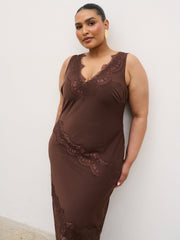 Robin Slip Lace Maxi Dress Curve - Chocolate Brown