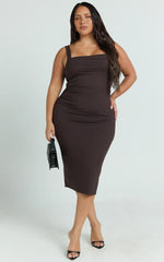 Square Neck Ruched Bodycon Dress in Chocolate