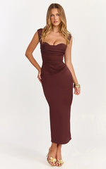 Gathered Bust Tucked Waist Dress in Chocolate