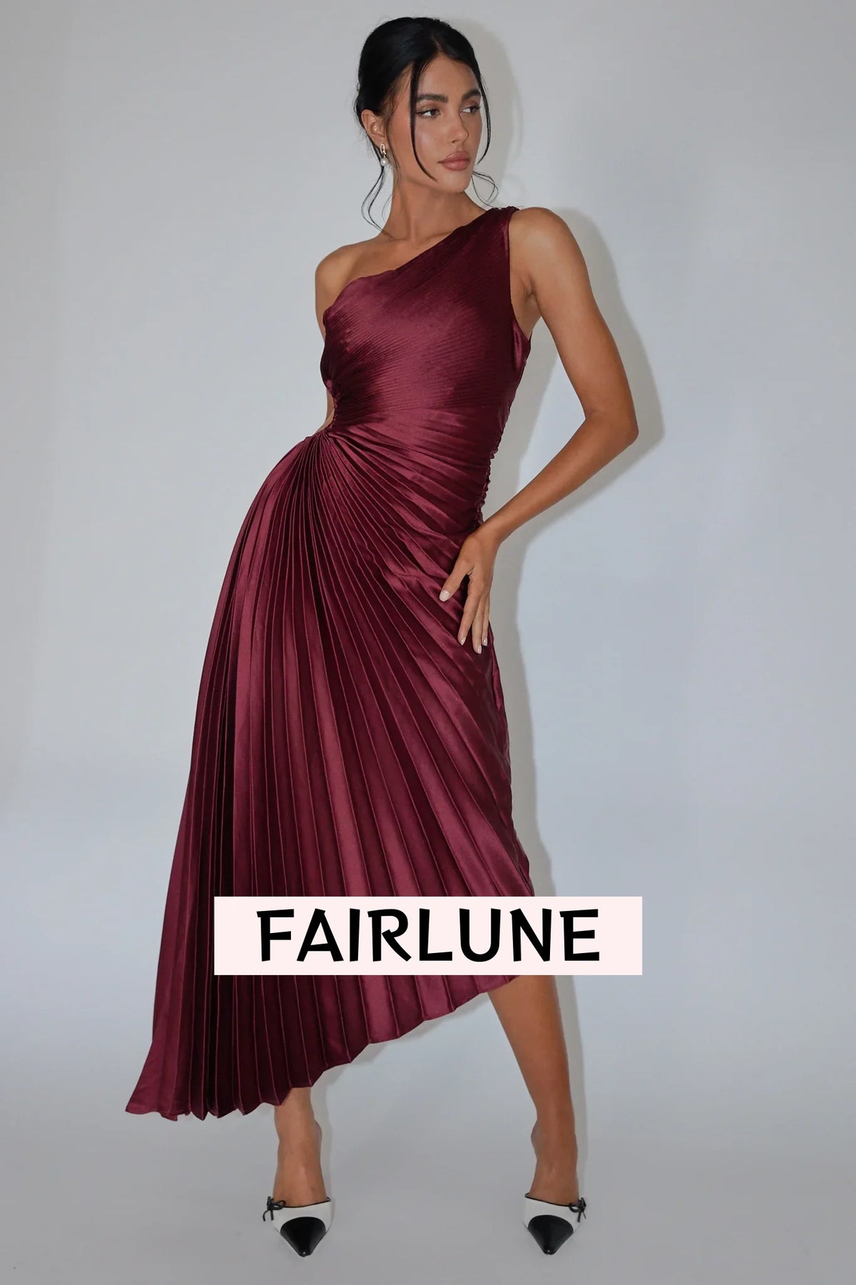 Brooklynn One-Shoulder Accordion Pleat Dress Wine