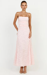 Gathered Bodice Halter Clipped Jacquard Dress in Pink
