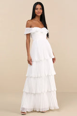 Always Remarkable White Pleated Off-the-Shoulder Maxi Dress