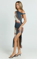 One Shoulder Mesh Dress in Rust Print
