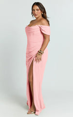 Off Shoulder Corset High Split Dress in Pink