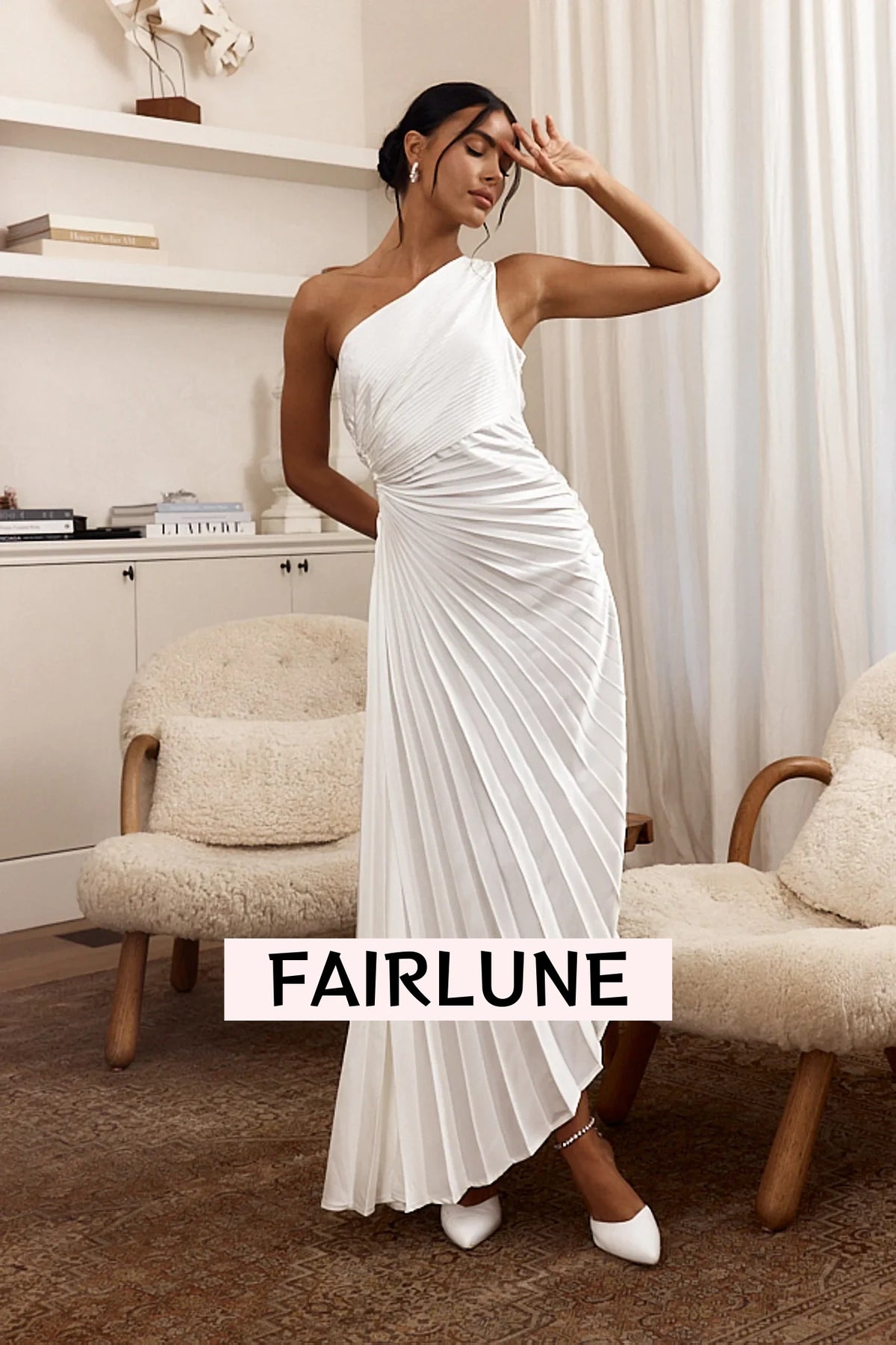 Brooklynn One-Shoulder Accordion Pleat Dress White