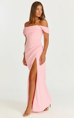 Off Shoulder Corset High Split Dress in Pink