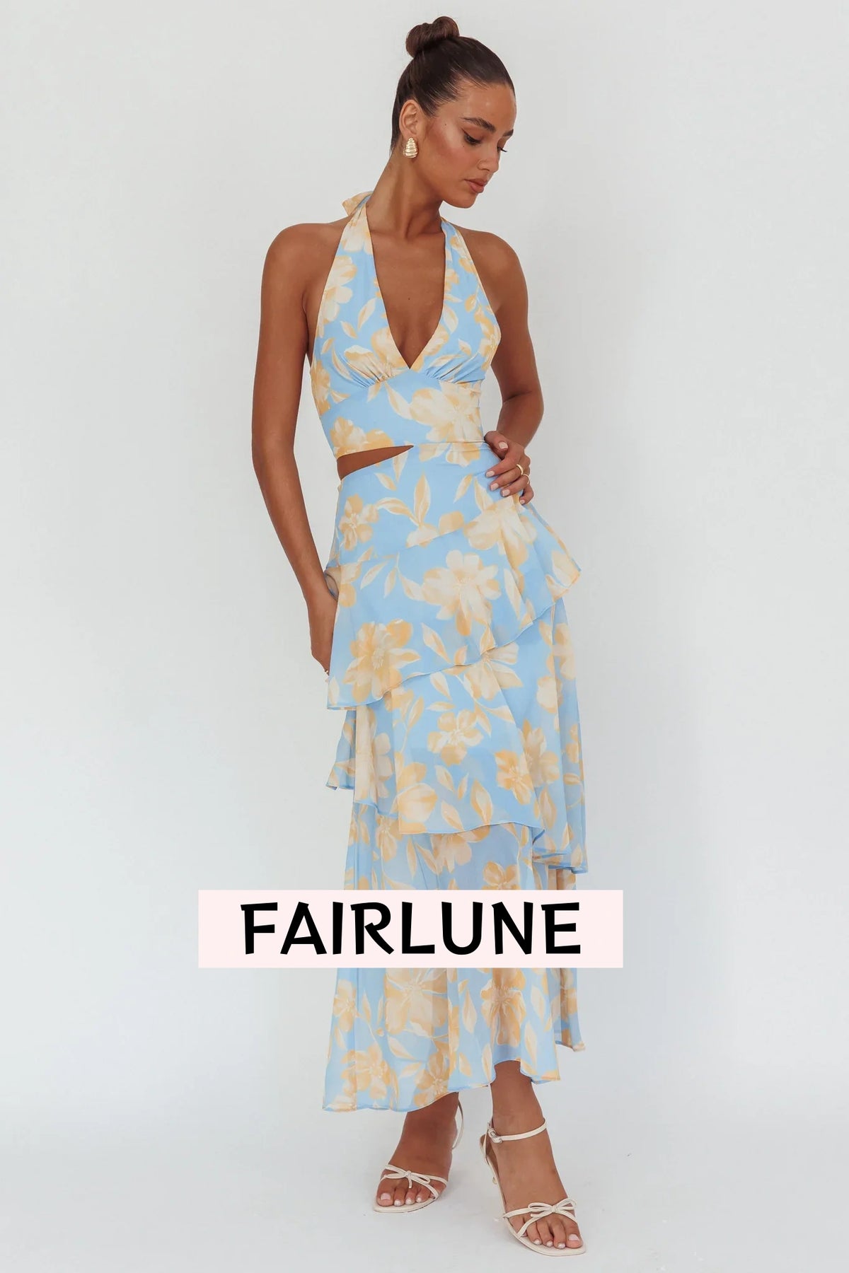 Aura Points Halterneck Cut-Out Maxi Dress Floral Blue