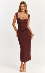 Gathered Bust Tucked Waist Dress in Chocolate