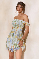 Letizia | White Floral Print Lace Bardot-Neck Skater Mini Dress